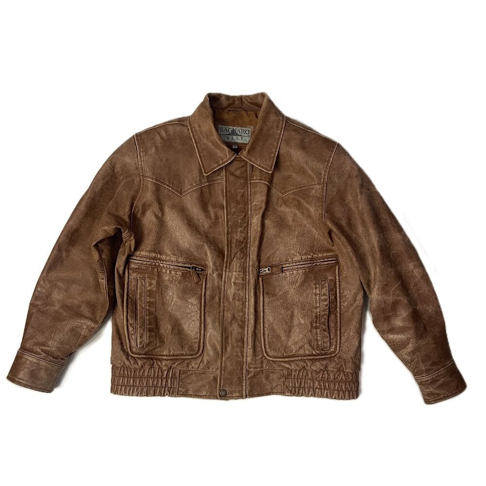 Vintage Saguaro West Leather Bomber Jacket Men’s M Brown Distressed Western